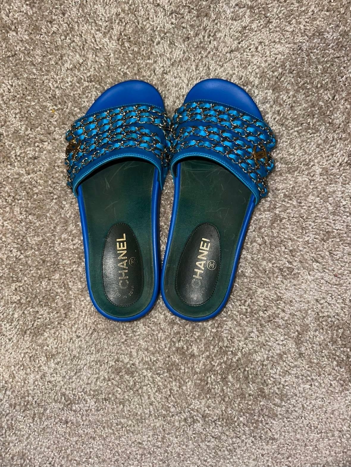 Chanel Blue Chain-Trim Slide Sandals
